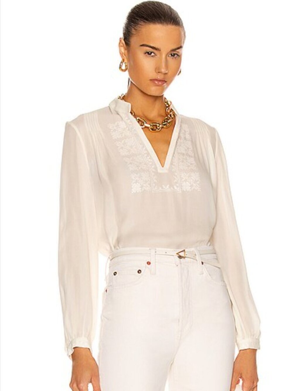 NILI LOTAN Palestinian Alexandra Embroidered Longsleeve Silk Blouse Top Ivory S